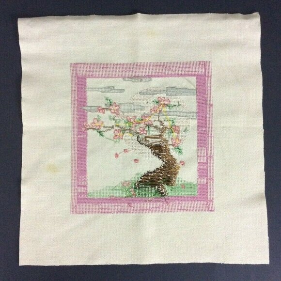 Asian Cherry Blossom Tree Finished Counted Cross Stitch On Canvas - Picture 3 of 5